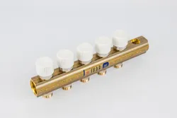 Collecteur pour chauffage 1" + 5 x M24, Begetube, laiton, avec aération, avec valve thermostatique intégrée, blanc