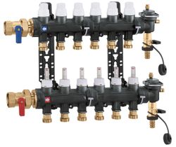 Collector voor vloerverwarming 1" + 6 x 3/4", Caleffi, kunststof, met ontluchting, met regeling, met doorstroommeter
