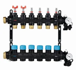 Collector voor vloerverwarming 1" + 7 x 3/4", Henco, kunststof, met ontluchting, ,, met regeling,, met doorstroommeter, ,