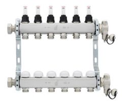 Collector voor vloerverwarming 1" + 2 x 3/4", Radson Objekt Line, inox, met ontluchting, met regeling, met doorstroommeter